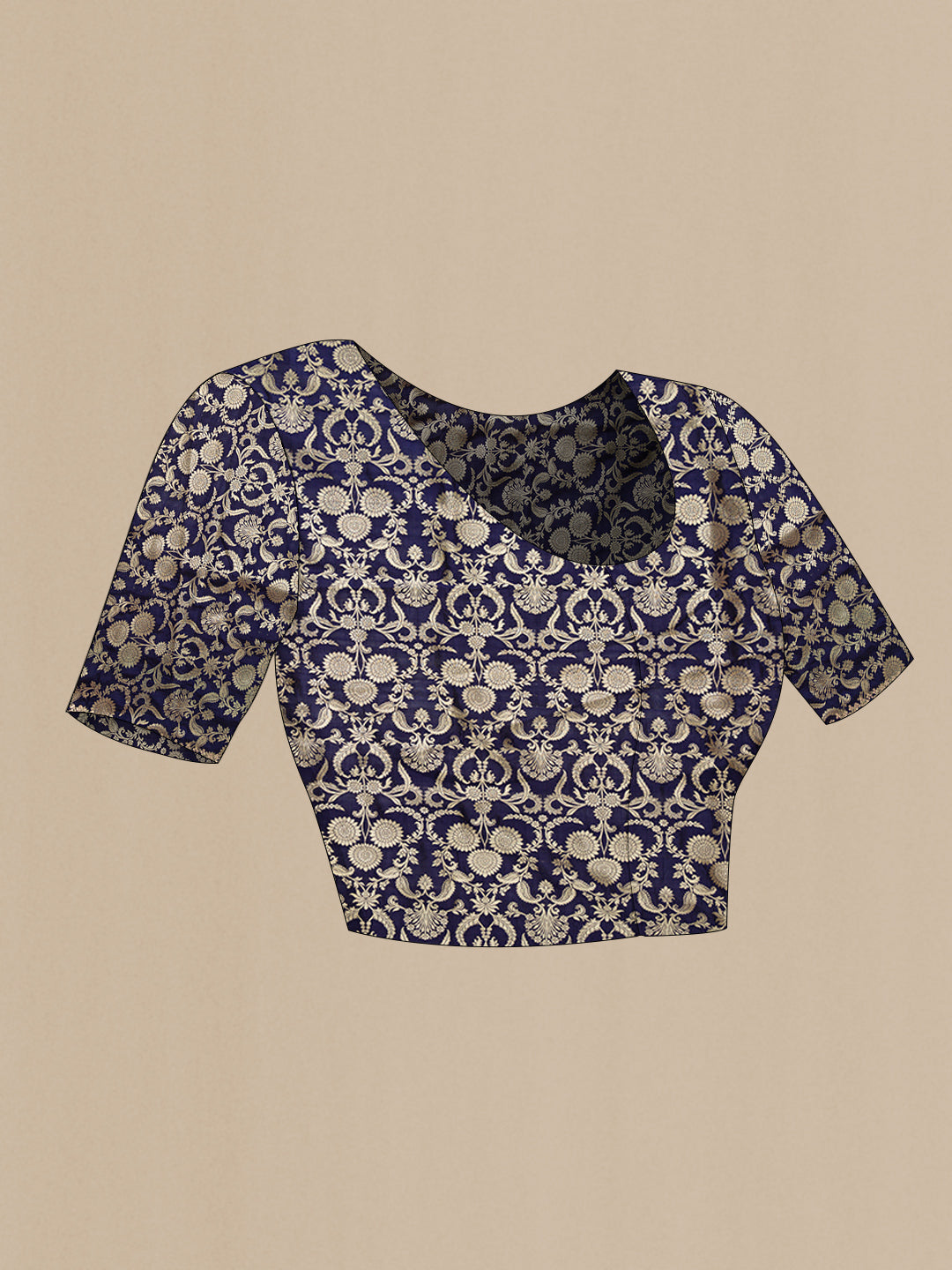 Close up image of the blouse of Maya Blue Dual Tone Organza Silk Saree with Stripes on the body and Embroidery Border. 