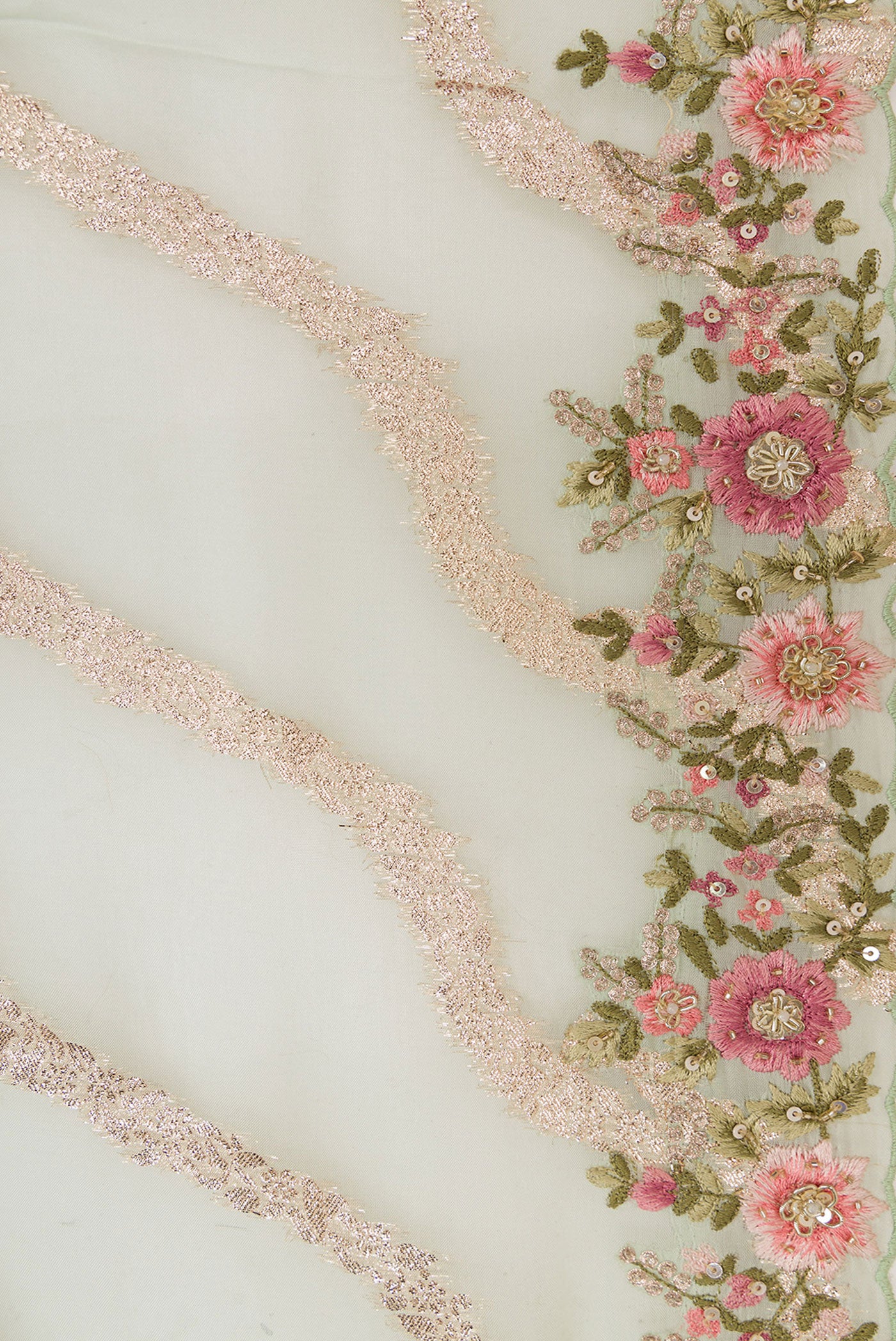 Border image of Pista Green Dual Tone Organza Silk Saree with Stripes on the body and Embroidery Border. 