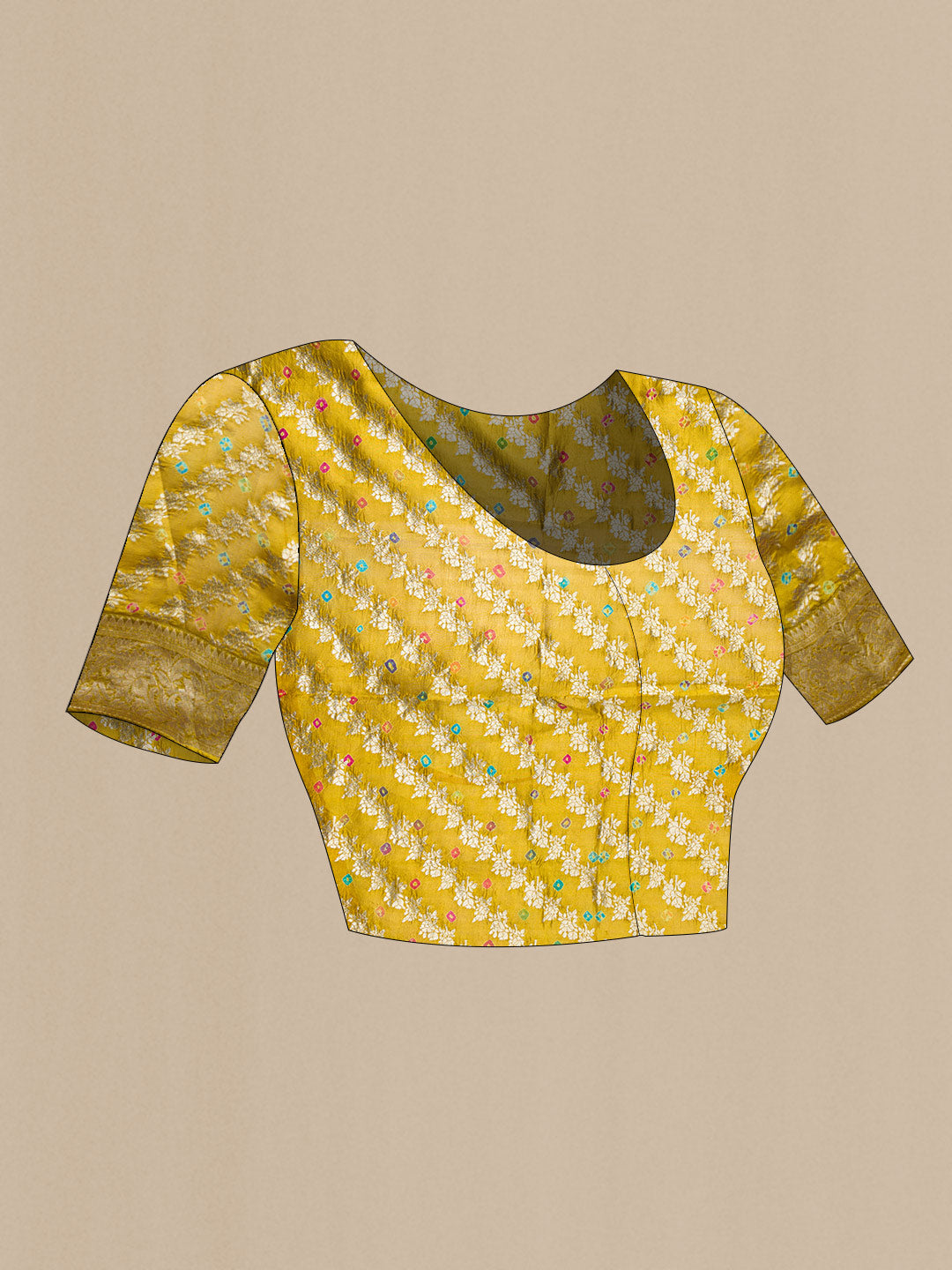 Close up image of the blouse of Mehandi Green Dual Tone Organza Silk Saree with Zari Butta on the body and Zari Border. 