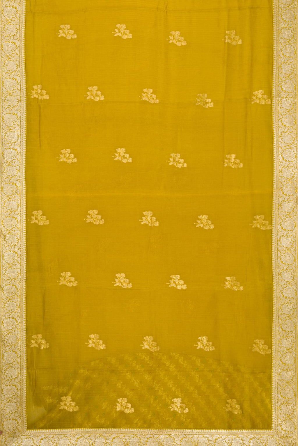 Flat view of Mehandi Green Dual Tone Organza Silk Saree with Zari Butta on the body and Zari Border. 