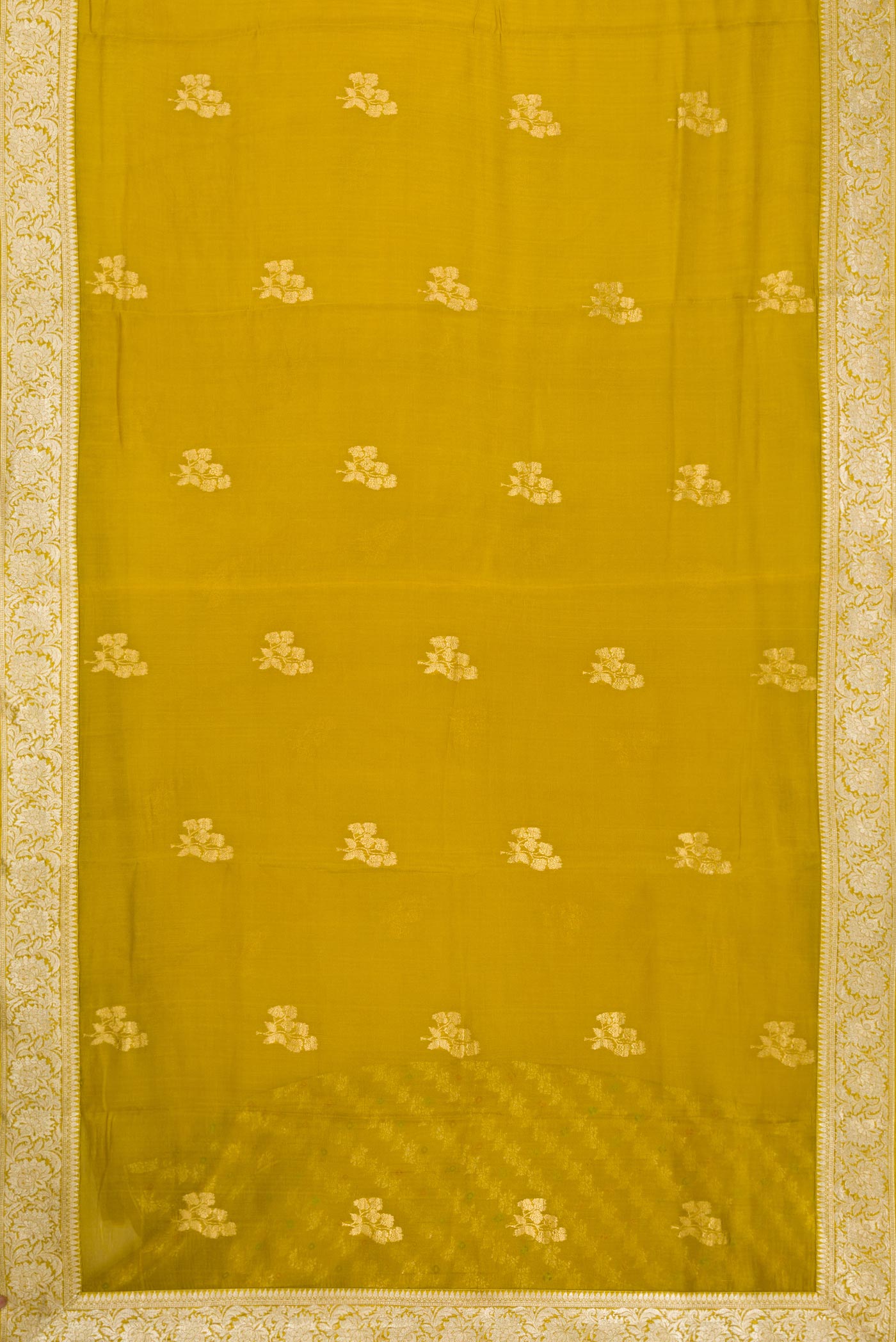 Flat view of Mehandi Green Dual Tone Organza Silk Saree with Zari Butta on the body and Zari Border. 