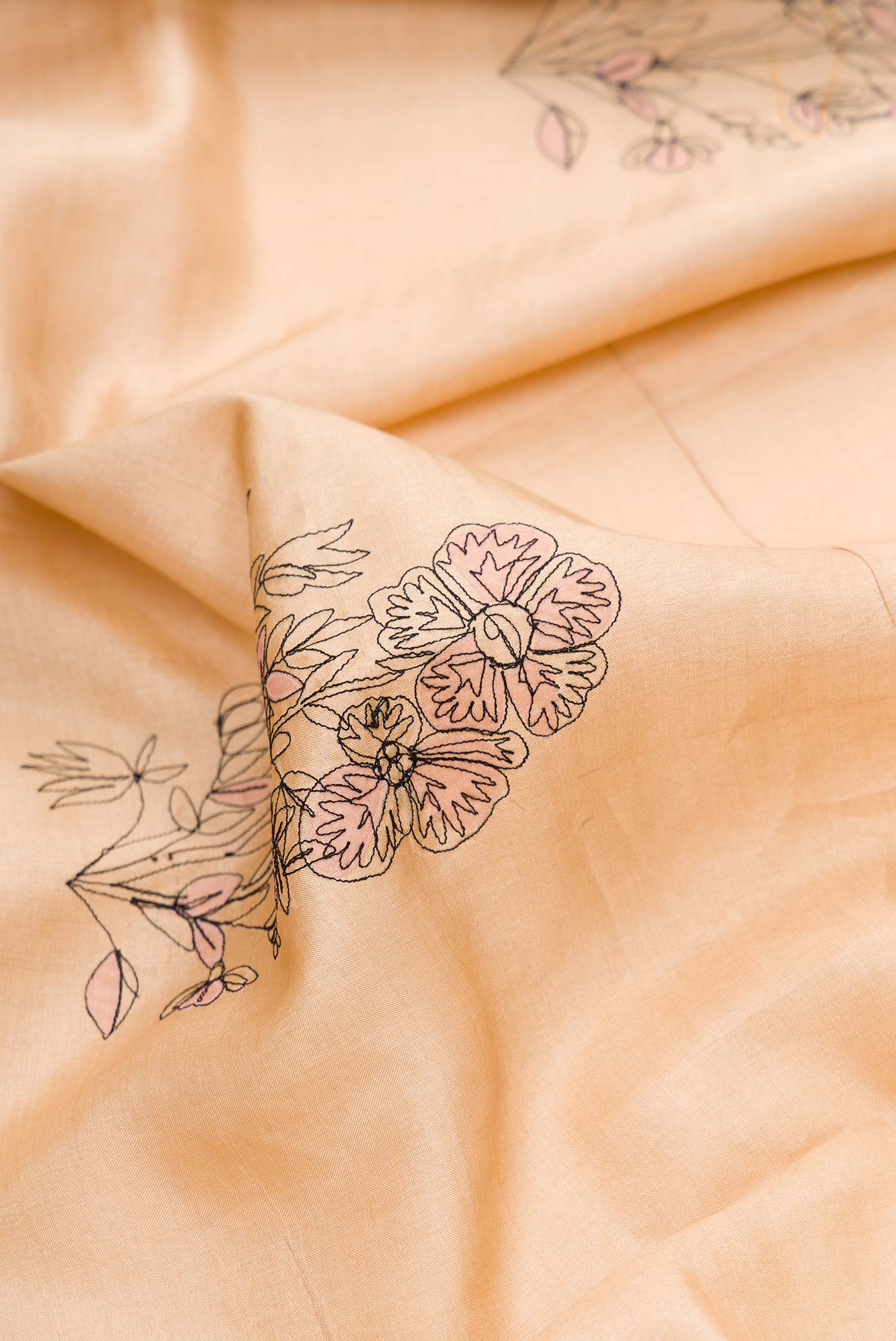 Close up of Beige Dual Tone Tussar Silk Saree with Embroidery on the body and Embroidery Border.  displaying folds