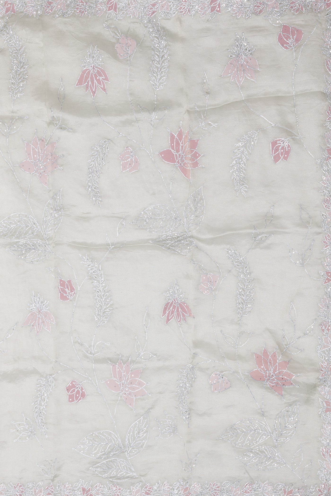 Close up image of the pallu of Pista Green Dual Tone Organza Silk Saree with Embroidery on the body and Embroidery Border. 