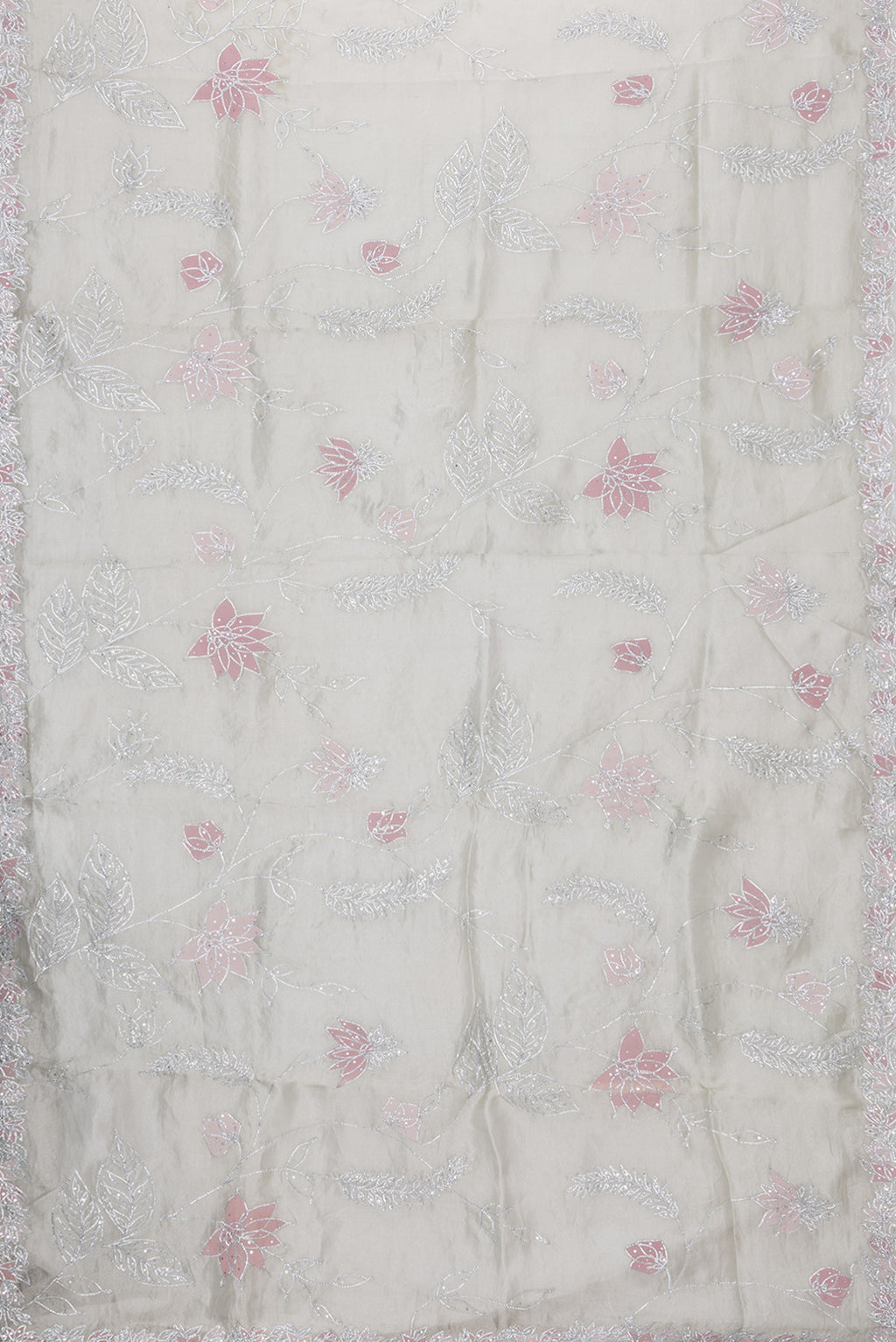 Flat view of Pista Green Dual Tone Organza Silk Saree with Embroidery on the body and Embroidery Border. 