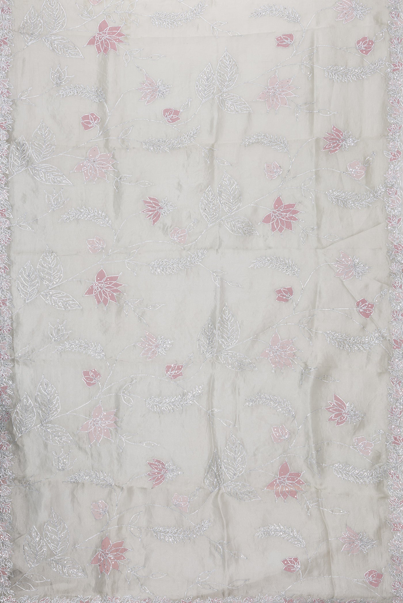 Flat view of Pista Green Dual Tone Organza Silk Saree with Embroidery on the body and Embroidery Border. 