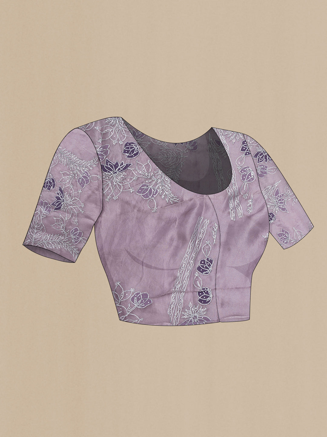 Close up image of the blouse of Lavender Dual Tone Organza Silk Saree with Embroidery on the body and Embroidery Border. 