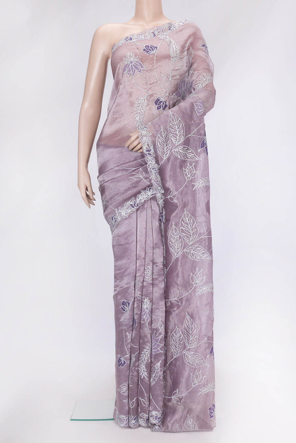 Lavender Dual Tone Organza Silk Saree with Embroidery on the body and Embroidery Border.  displayed on a mannequin