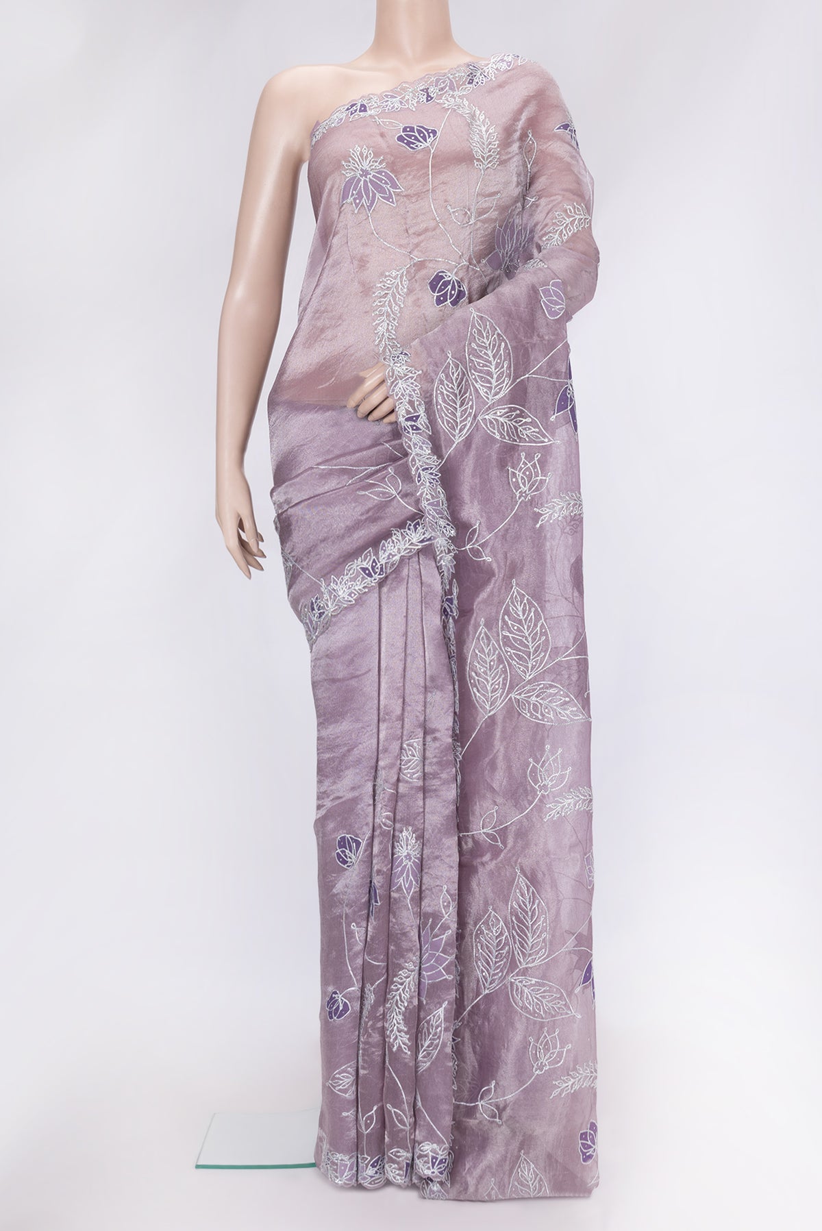 Lavender Dual Tone Organza Silk Saree with Embroidery on the body and Embroidery Border.  displayed on a mannequin