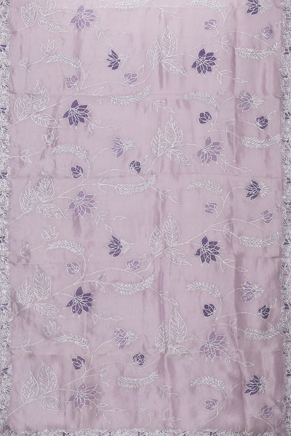 Flat view of Lavender Dual Tone Organza Silk Saree with Embroidery on the body and Embroidery Border. 
