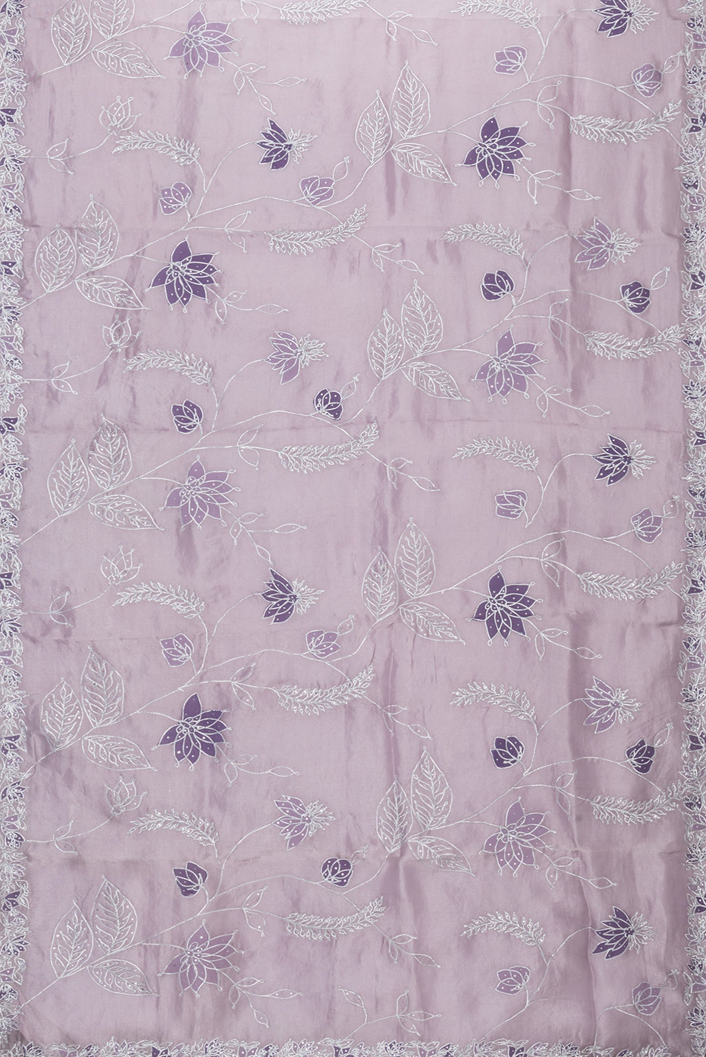 Flat view of Lavender Dual Tone Organza Silk Saree with Embroidery on the body and Embroidery Border. 