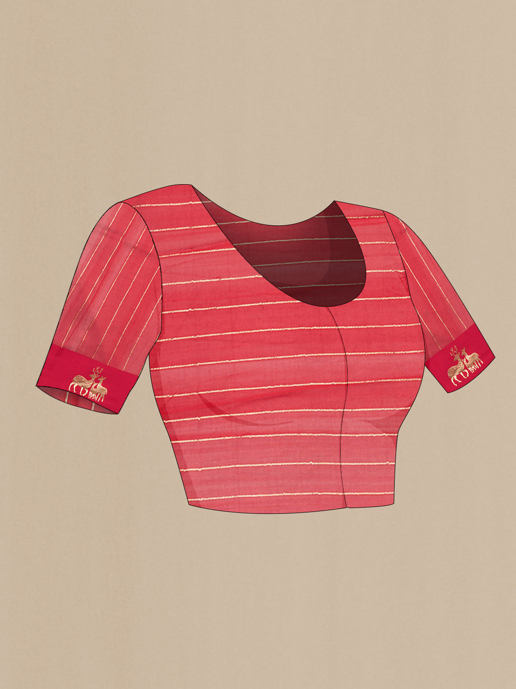 Close up image of the blouse of Pure Silk Red Dual Tone Tussar Saree with Zari Butta on the body and Fancy Border. 