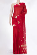 Pure Silk Red Dual Tone Tussar Saree with Zari Butta on the body and Fancy Border.  displayed on a mannequin