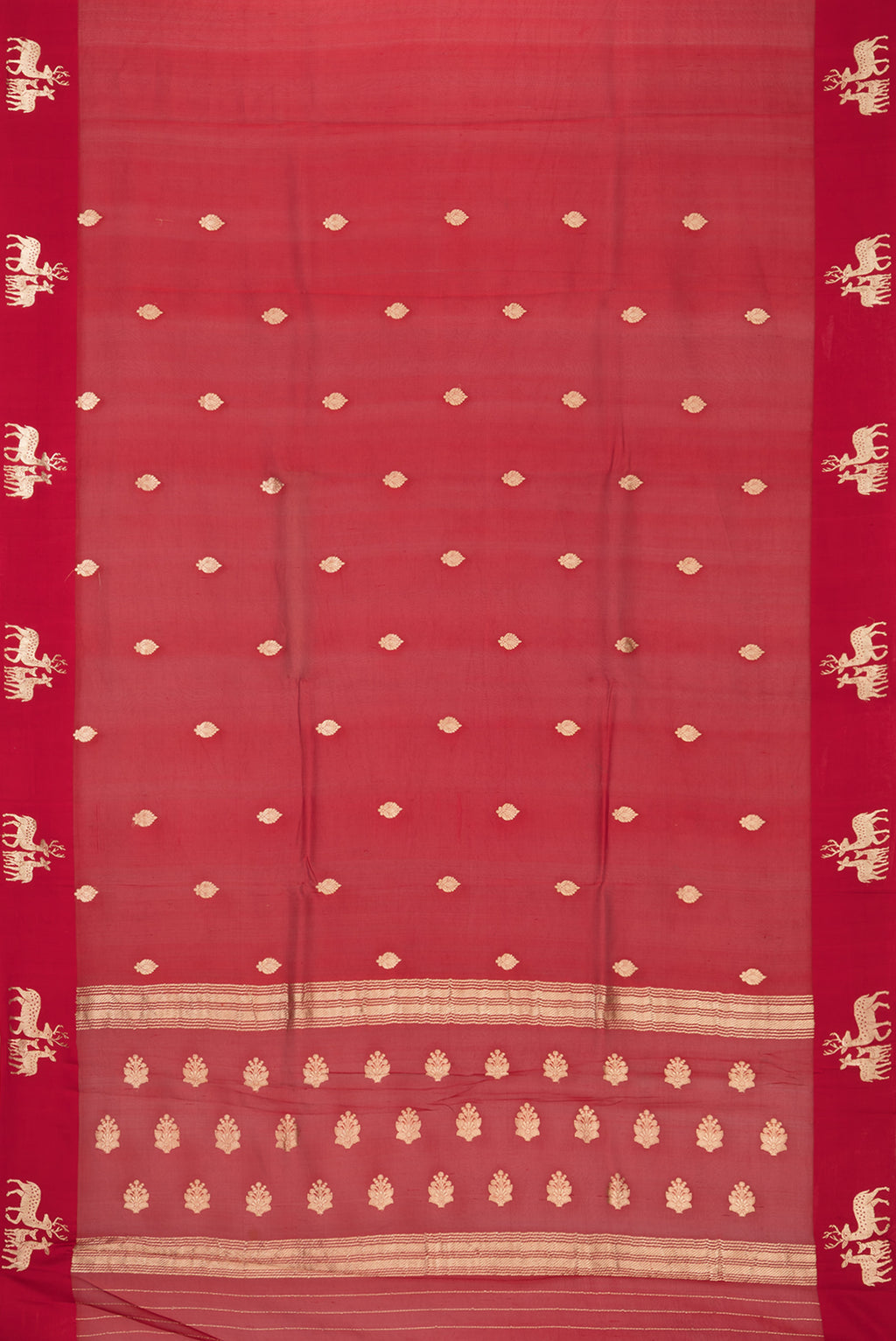 Flat view of Pure Silk Red Dual Tone Tussar Saree with Zari Butta on the body and Fancy Border. 