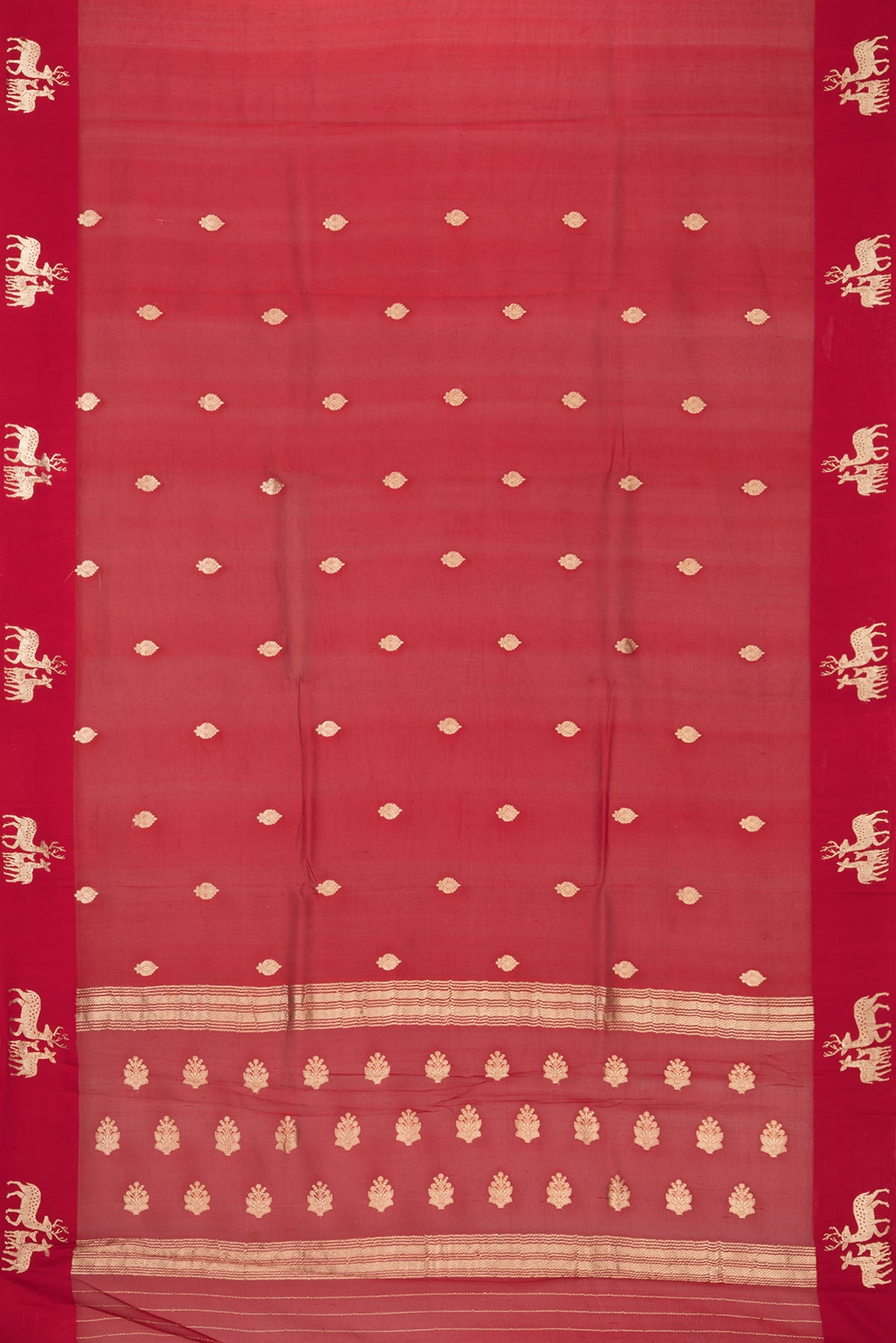 Flat view of Pure Silk Red Dual Tone Tussar Saree with Zari Butta on the body and Fancy Border. 