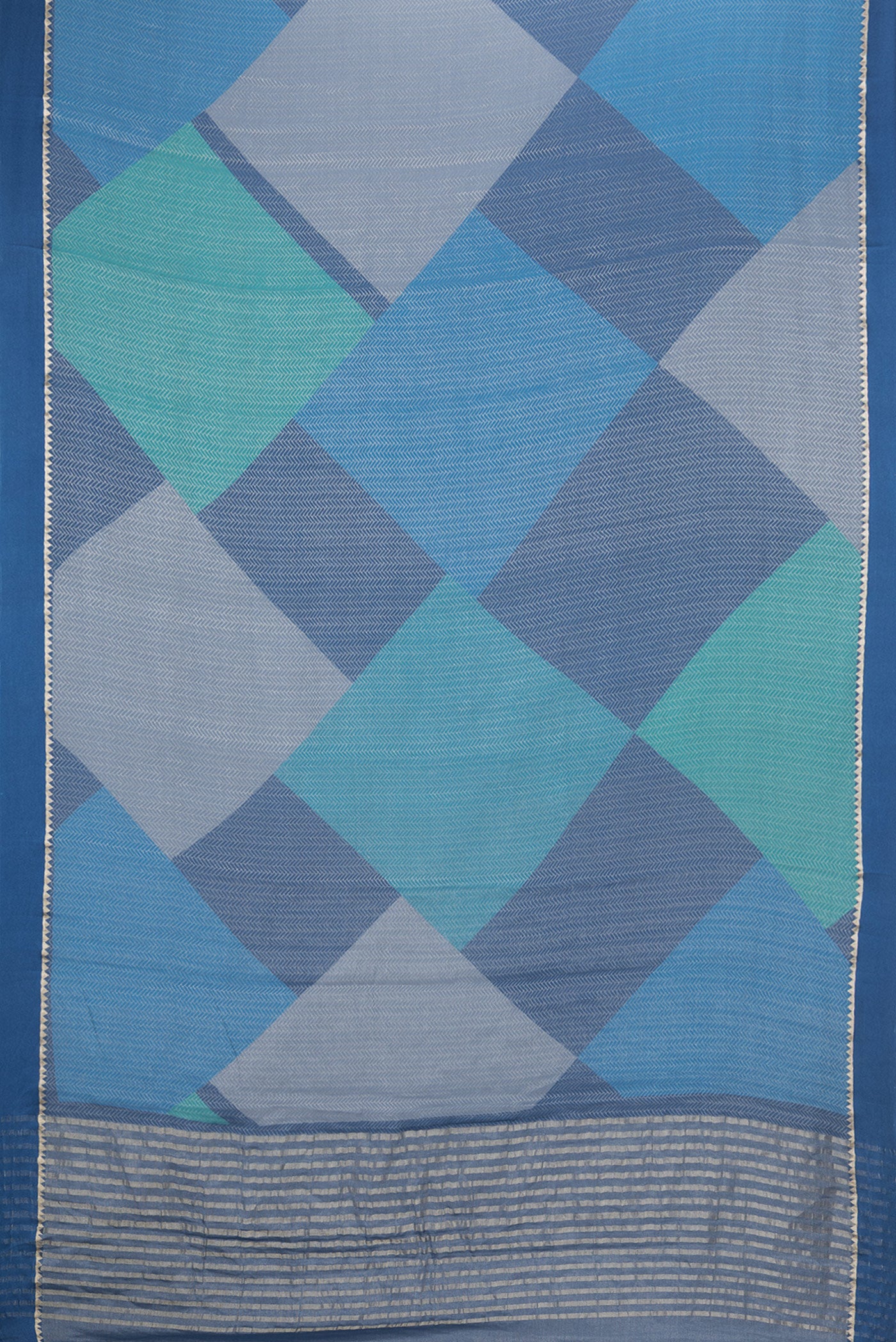 Flat view of Navy Blue and Sky Blue Color Mysore Georgette Saree with Zari Brocade on the body and Zari Border. 