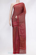 Red Mysore Crepe Saree with Zari Brocade on the body and Zari Border.  displayed on a mannequin