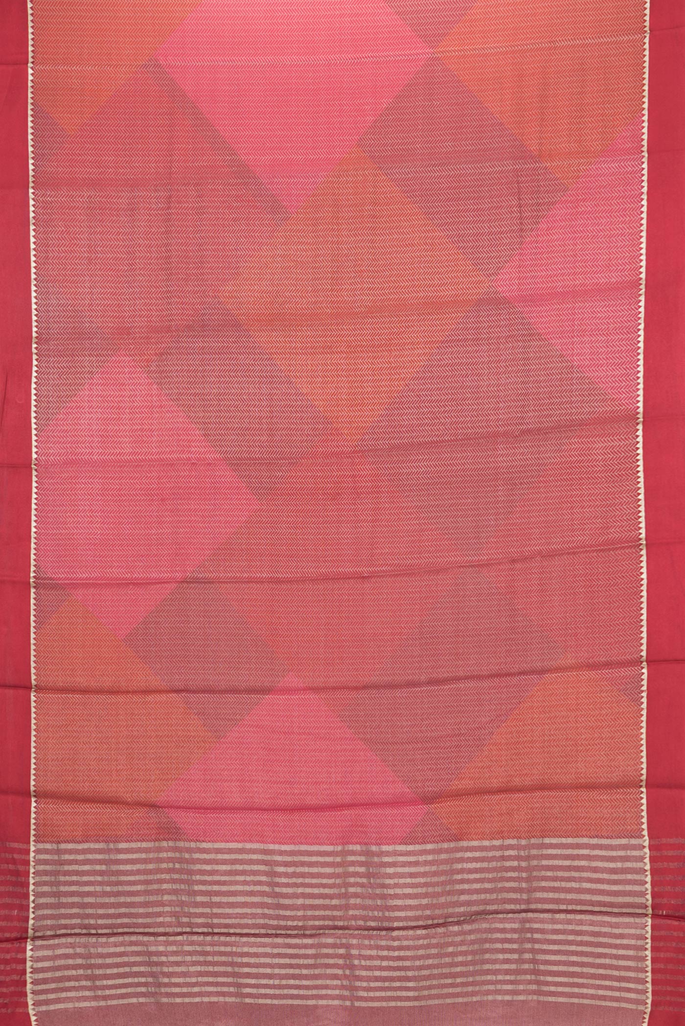 Flat view of Red Mysore Crepe Saree with Zari Brocade on the body and Zari Border. 