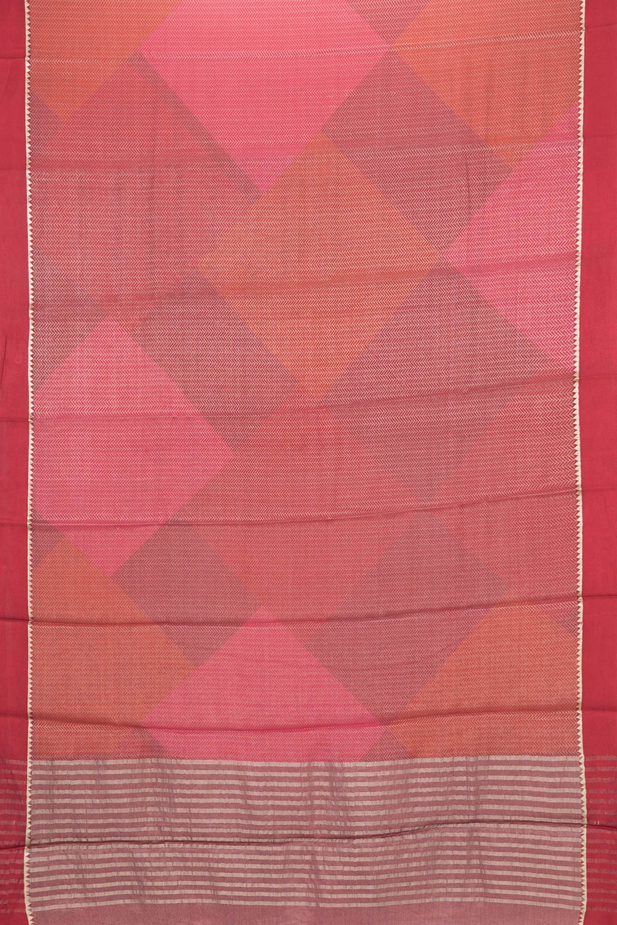 Flat view of Red Mysore Crepe Saree with Zari Brocade on the body and Zari Border. 