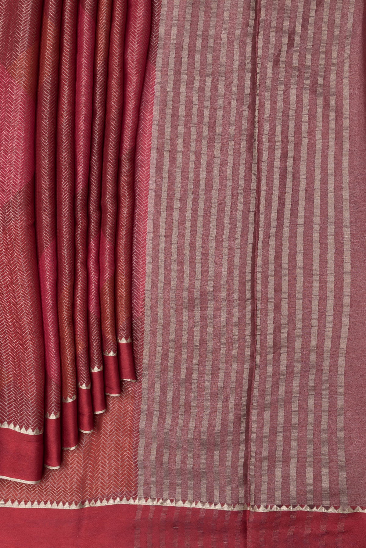 Pleats and pallu of Red Mysore Crepe Saree with Zari Brocade on the body and Zari Border. 