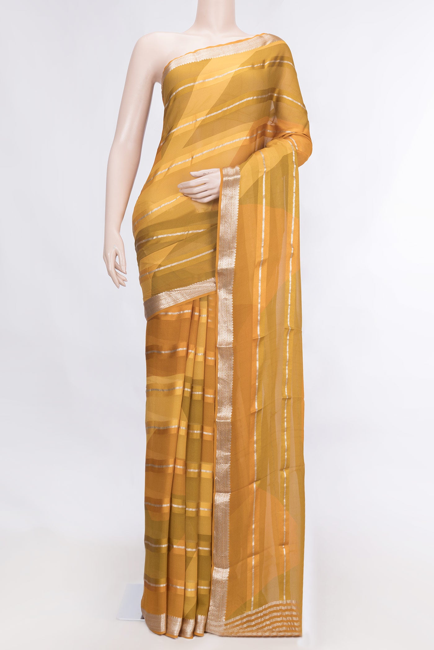 Mustard Dual Tone Mysore Georgette Saree with Stripes on the body and Zari Border displayed on a mannequin