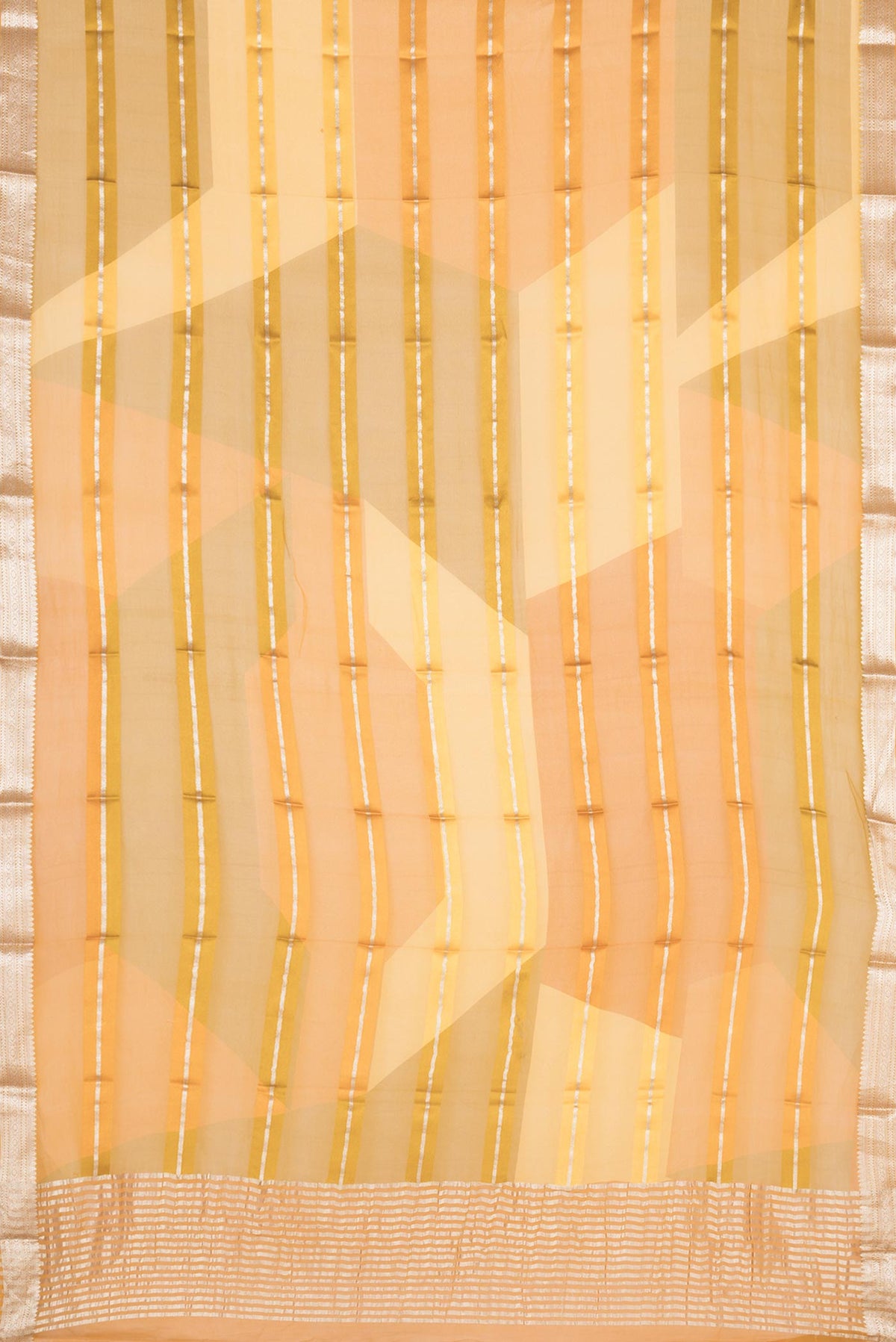 Flat view of Mustard Dual Tone Mysore Georgette Saree with Stripes on the body and Zari Border