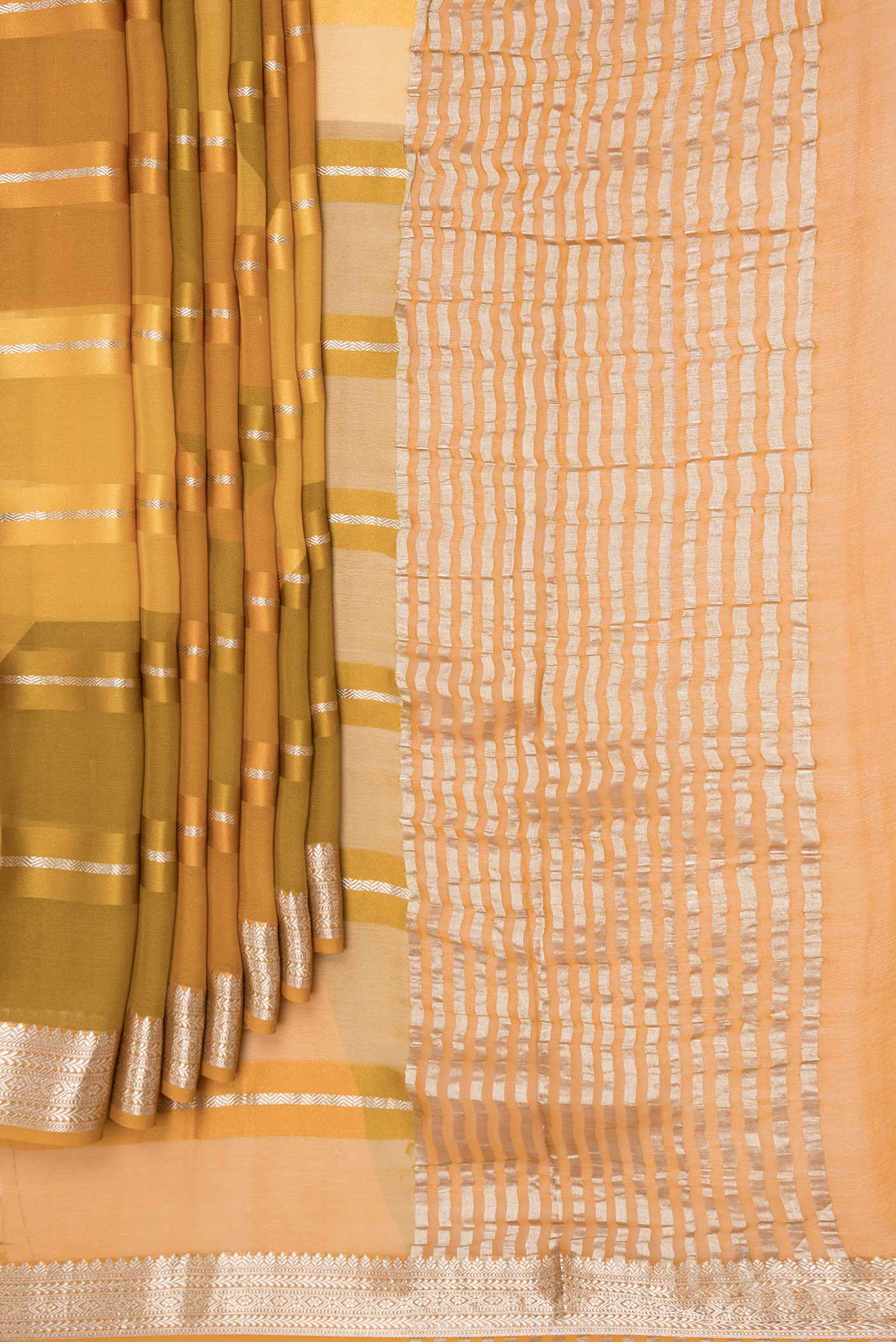 Pleats and pallu of Mustard Dual Tone Mysore Georgette Saree with Stripes on the body and Zari Border