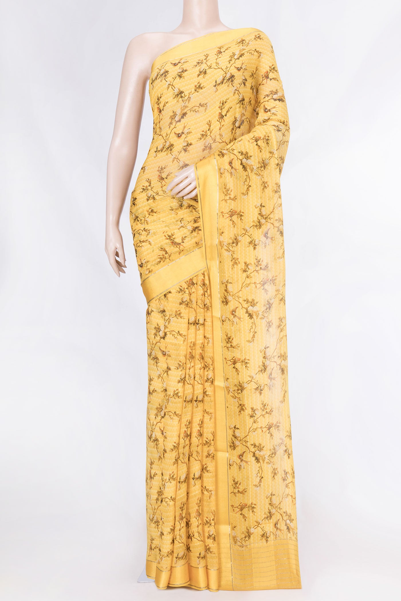 Yellow Dual Tone Mysore Chiffon Saree with Printed design on the body and Zari Border displayed on a mannequin