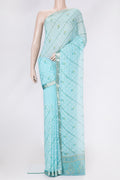 Sky Blue Dual Tone Chiffon Saree with Embroidery on the body and Zari Border.  displayed on a mannequin