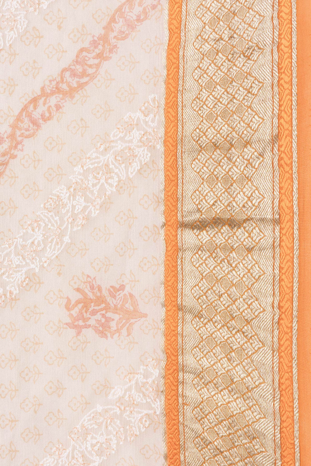 Border image of Golden Peach Dual Tone Mysore Chiffon Saree with Printed design on the body and Zari Border. 