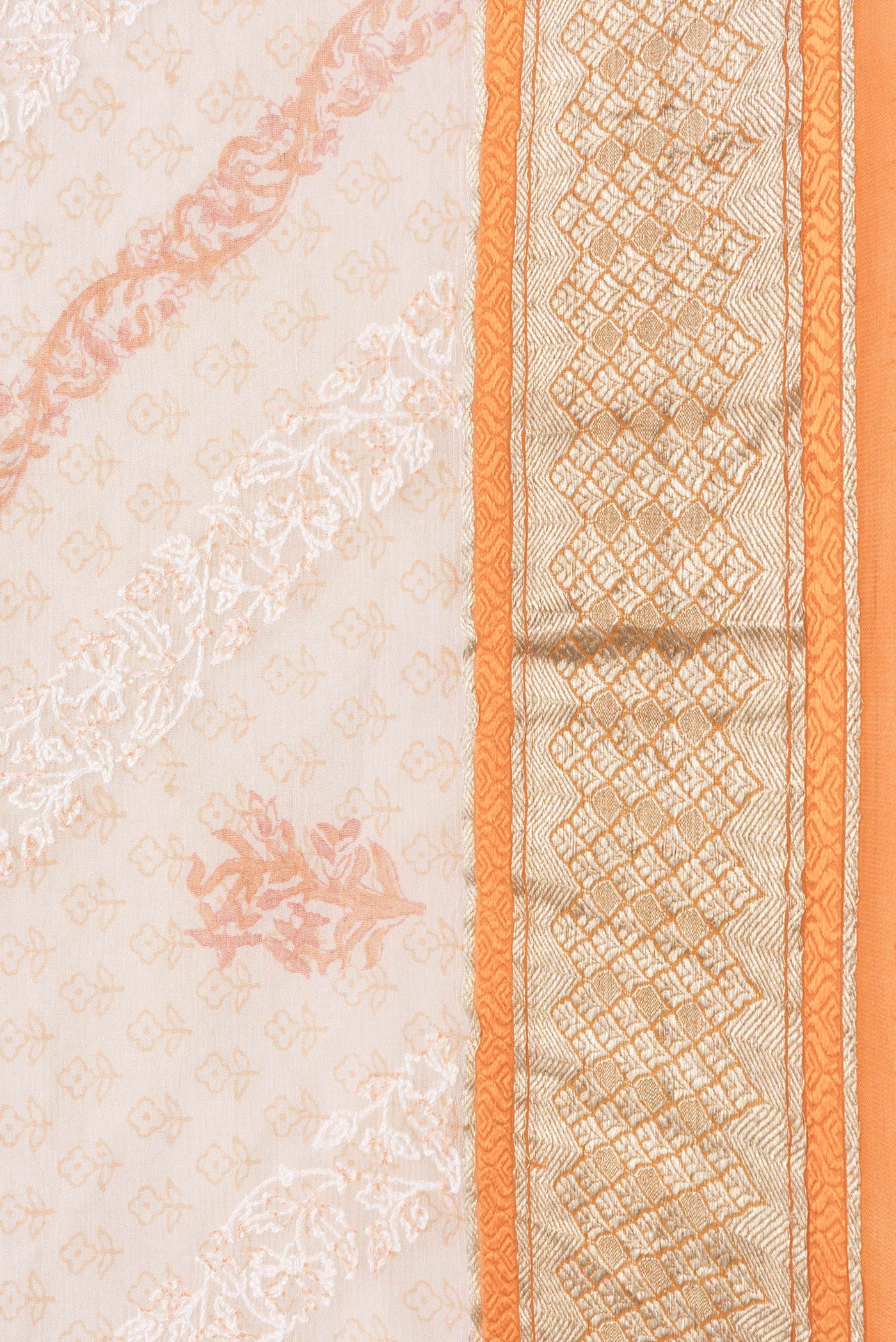 Border image of Golden Peach Dual Tone Mysore Chiffon Saree with Printed design on the body and Zari Border. 