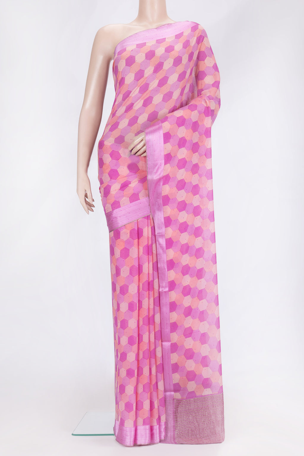 Pink Dual Tone Mysore Chiffon Saree with Printed design on the body and Plain Border.  displayed on a mannequin