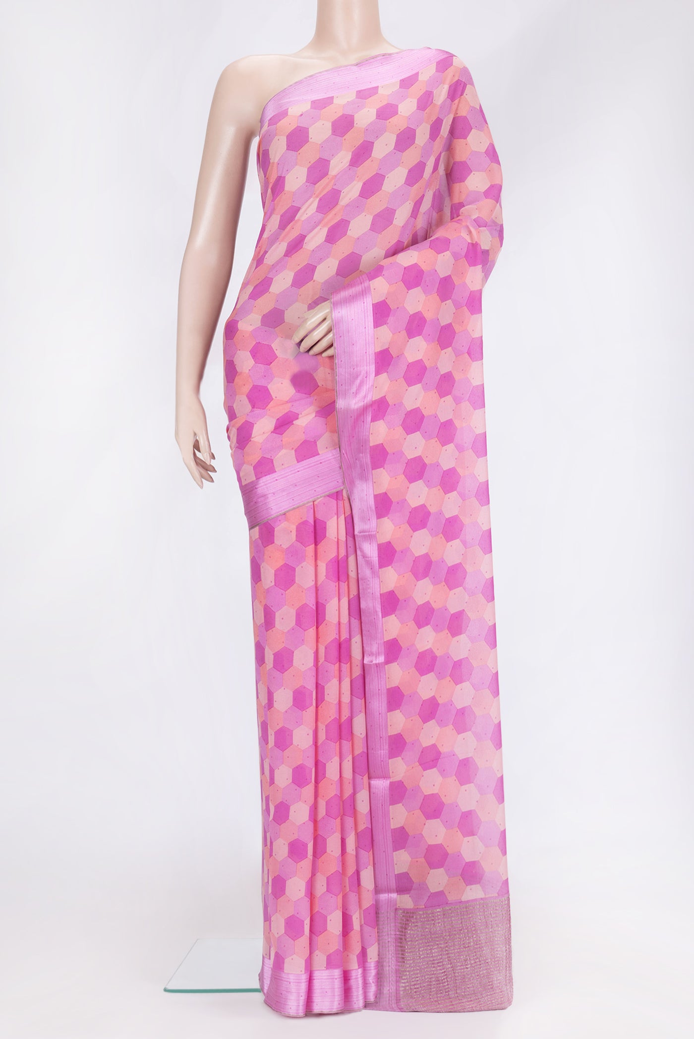 Pink Dual Tone Mysore Chiffon Saree with Printed design on the body and Plain Border.  displayed on a mannequin