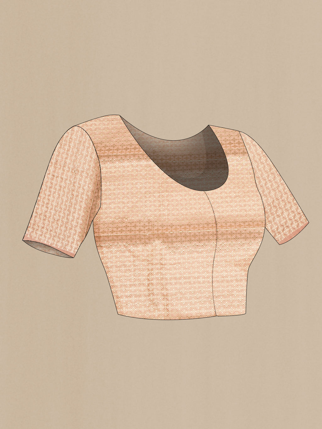 Close up image of the blouse of Peach Mysore Chiffon Saree with Stripes on the body and Zari Border. 