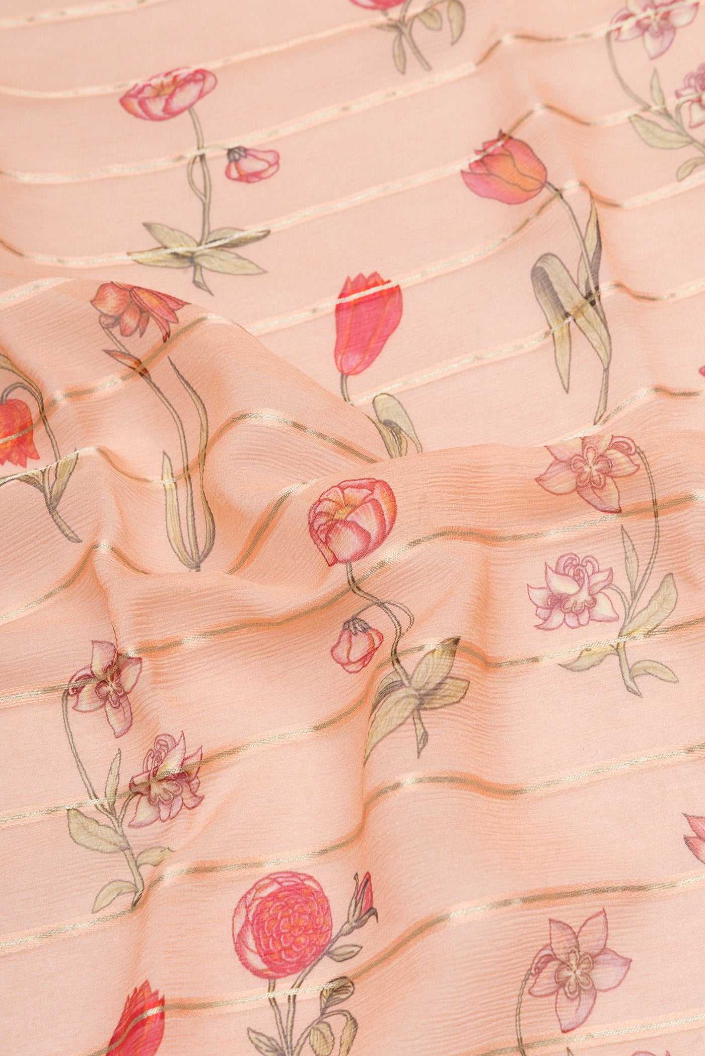 Close up of Peach Mysore Chiffon Saree with Stripes on the body and Zari Border.  displaying folds