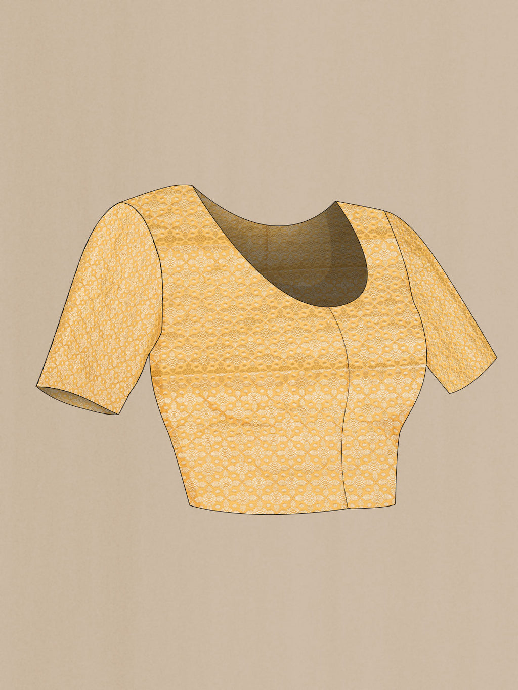 Close up image of the blouse of Yellow Dual Tone Mysore Chiffon Saree with Printed design on the body and Zari Border