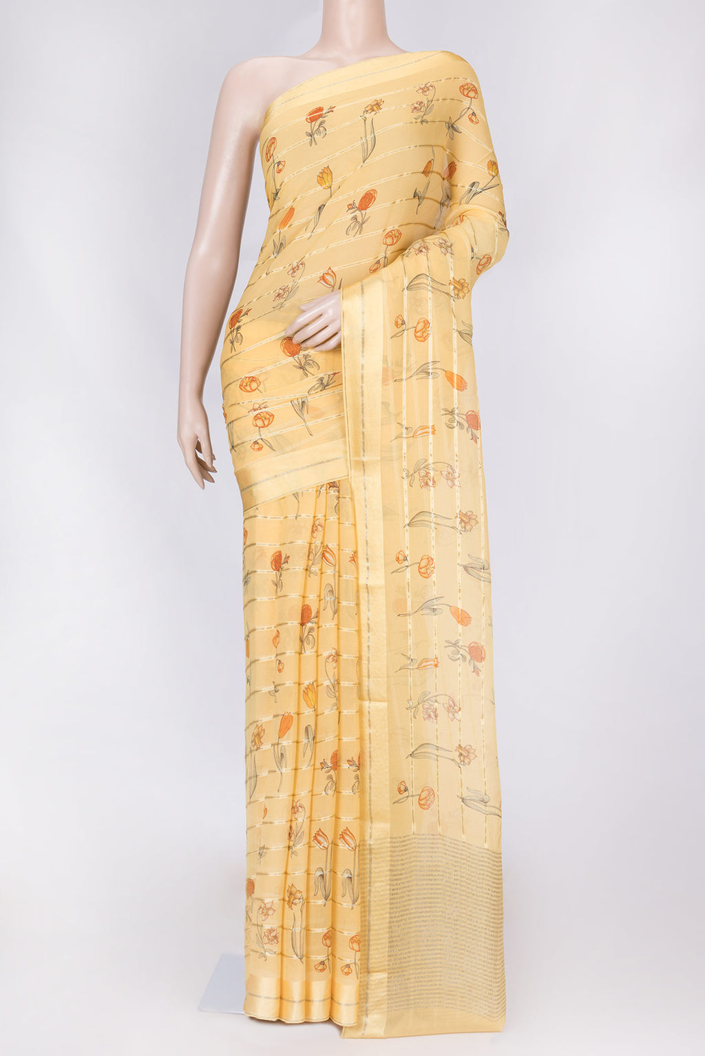 Yellow Dual Tone Mysore Chiffon Saree with Printed design on the body and Zari Border displayed on a mannequin