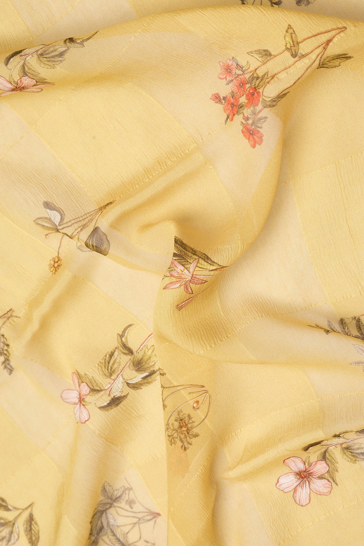 Close up of Sandal Dual Tone Mysore Georgette Saree with Printed design on the body and Plain Border.  displaying folds