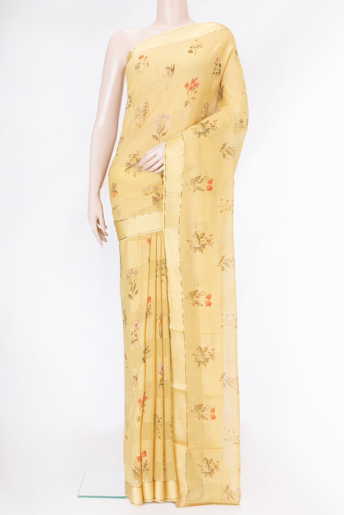 Sandal Dual Tone Mysore Georgette Saree with Printed design on the body and Plain Border.  displayed on a mannequin