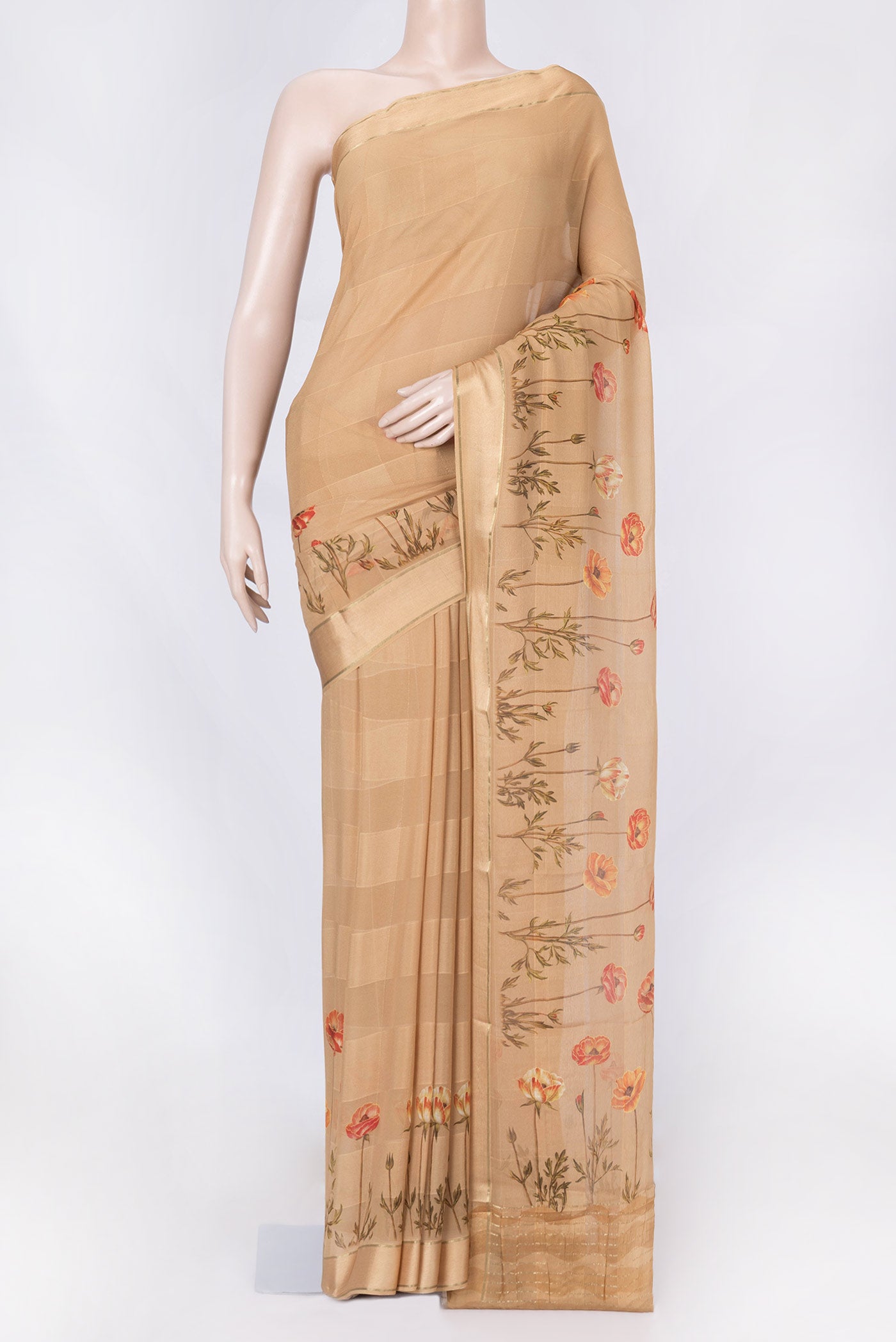 Sandal Dual Tone Georgette Saree with Printed design on the body and Plain Border displayed on a mannequin
