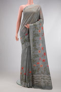 Grey Dual Tone Mysore Crepe Saree with Printed design on the body and Fancy Border.  displayed on a mannequin