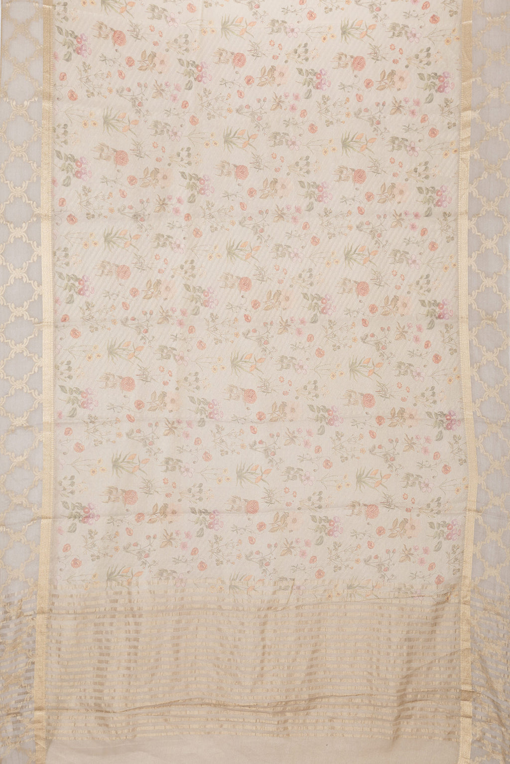 Flat view of Beige Dual Tone Mysore Georgette Saree with Printed design on the body and Fancy Border. 