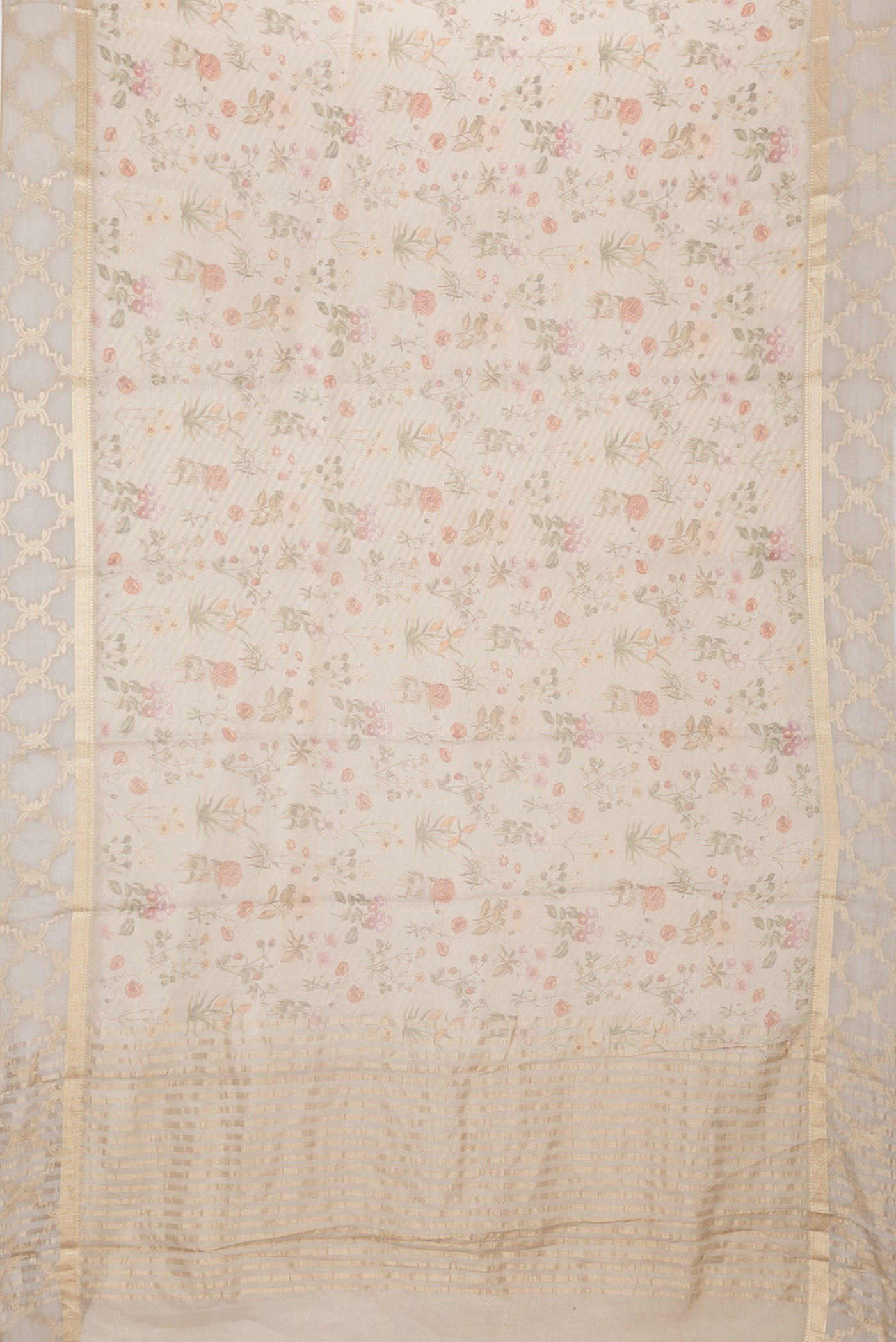 Flat view of Beige Dual Tone Mysore Georgette Saree with Printed design on the body and Fancy Border. 