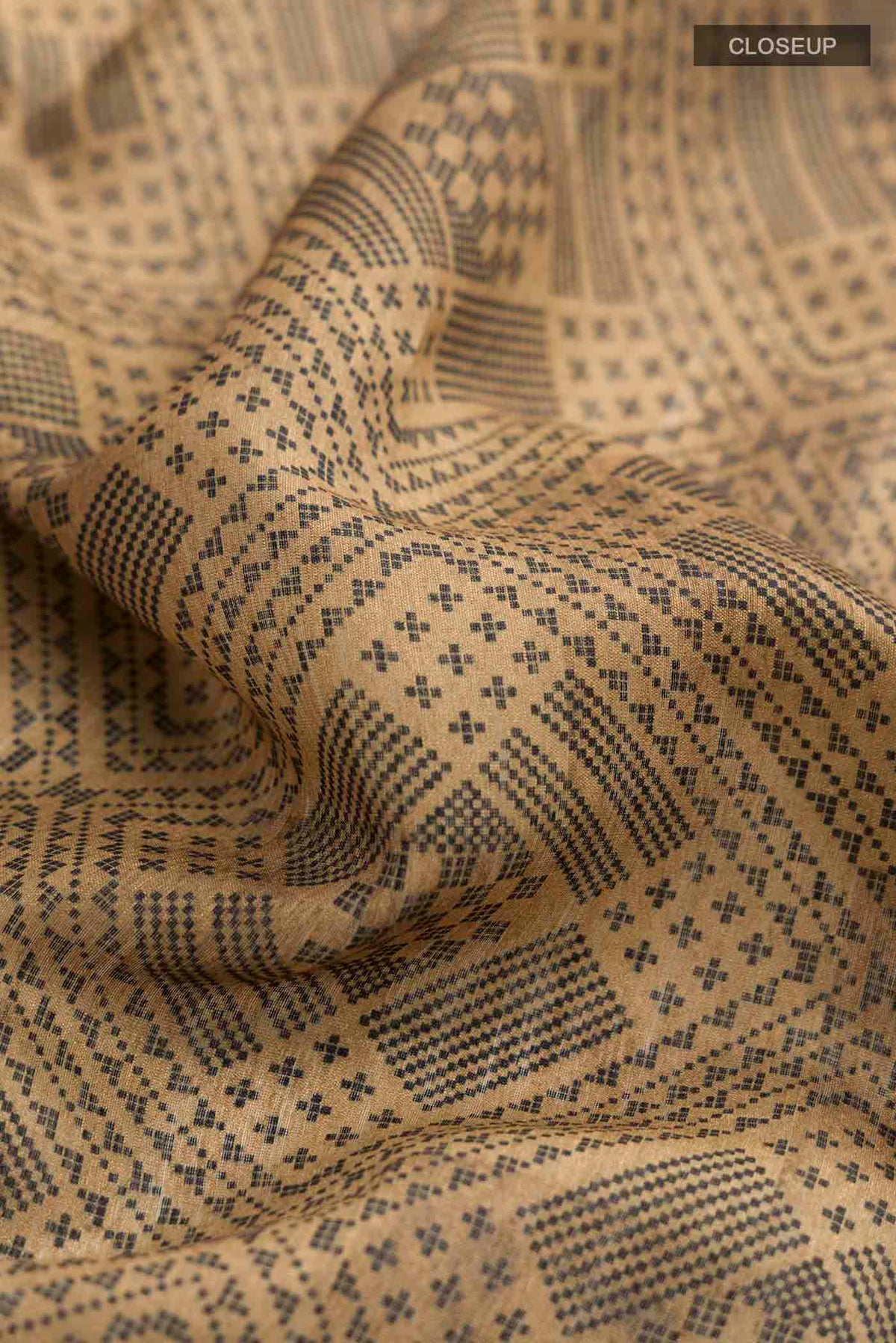 Close up of Beige Bhagalpuri Tussar Silk Saree with Printed design on the body and Thread Border displaying folds