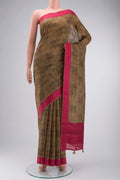 Beige Bhagalpuri Tussar Silk Saree with Printed design on the body and Thread Border displayed on a mannequin