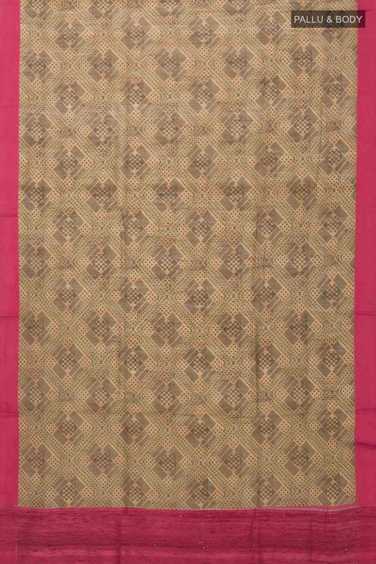 Flat view of Beige Bhagalpuri Tussar Silk Saree with Printed design on the body and Thread Border
