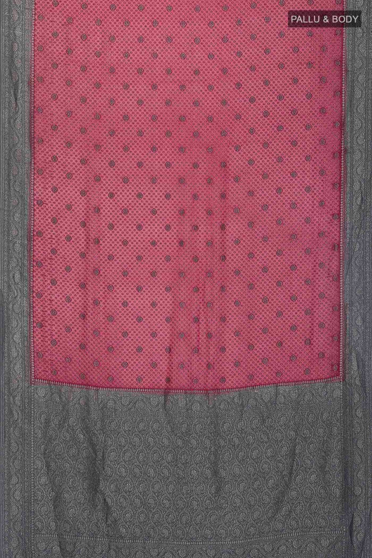 Flat view of Maroon Banarasi Georgette Saree with Zari Butta on the body and Zari Border