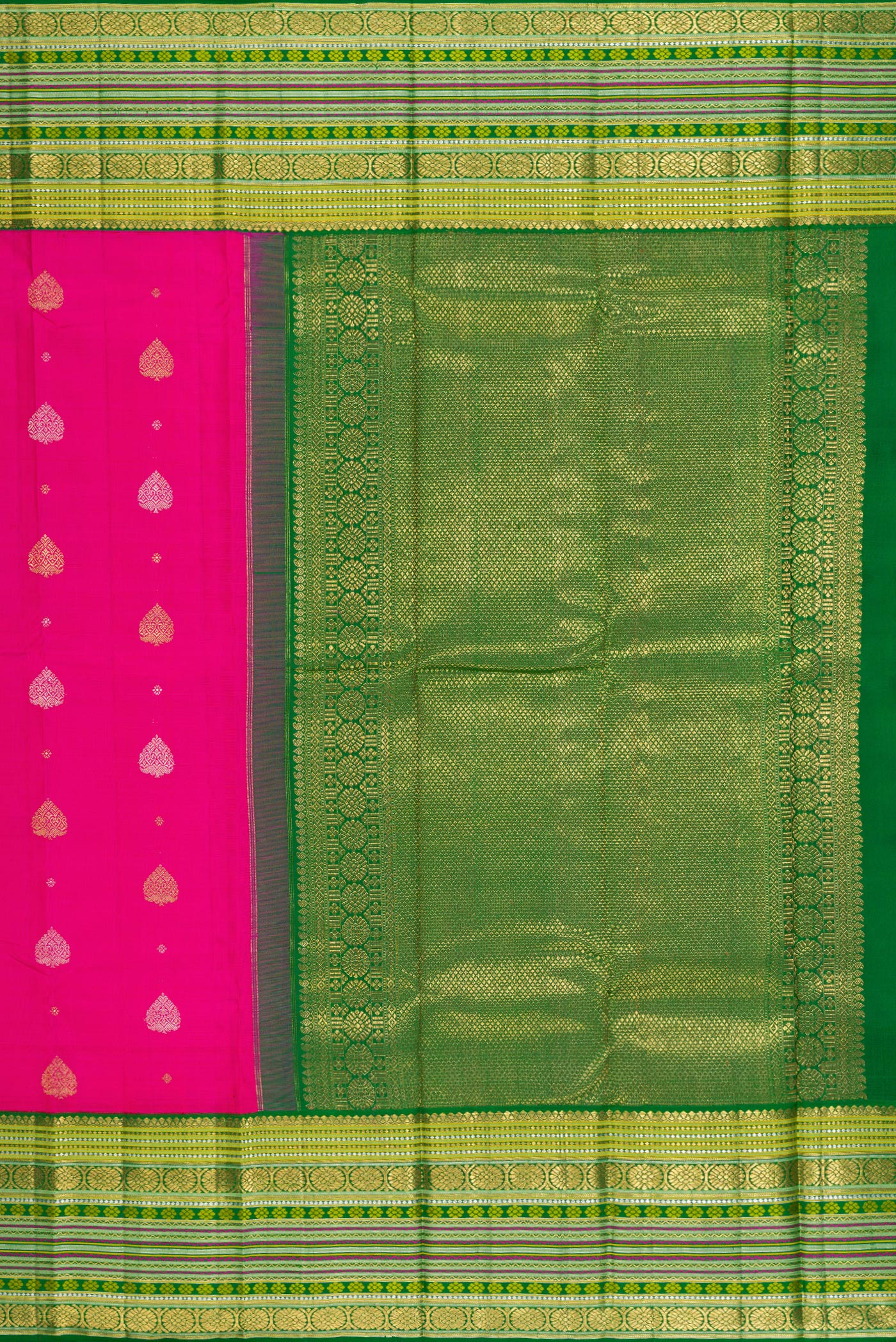 Close up image of the pallu of Pure Silk Pure Zari Rani Pink Kanchipuram Saree with Zari Butta on the body and Zari Border. 