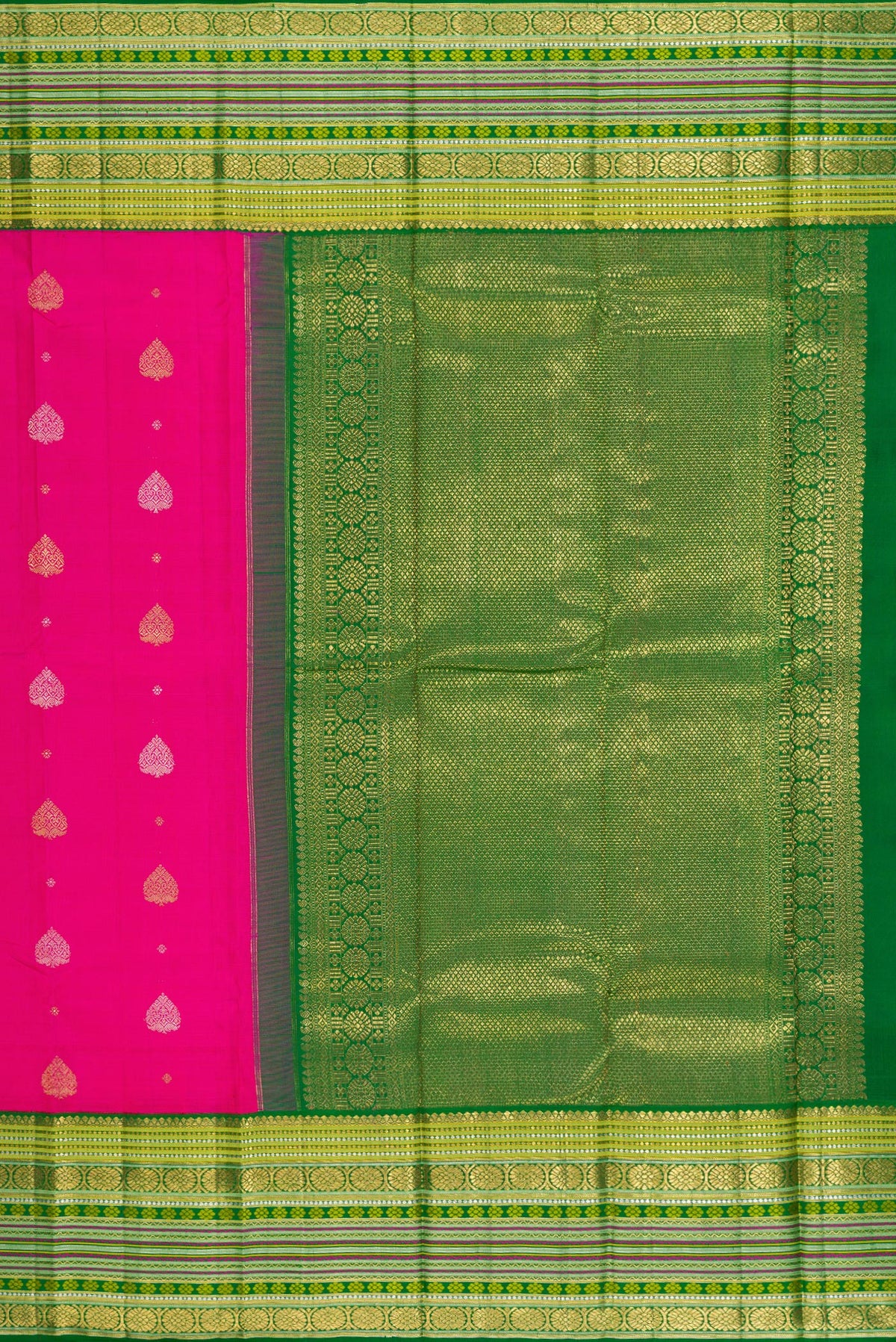 Close up image of the pallu of Pure Silk Pure Zari Rani Pink Kanchipuram Saree with Zari Butta on the body and Zari Border. 