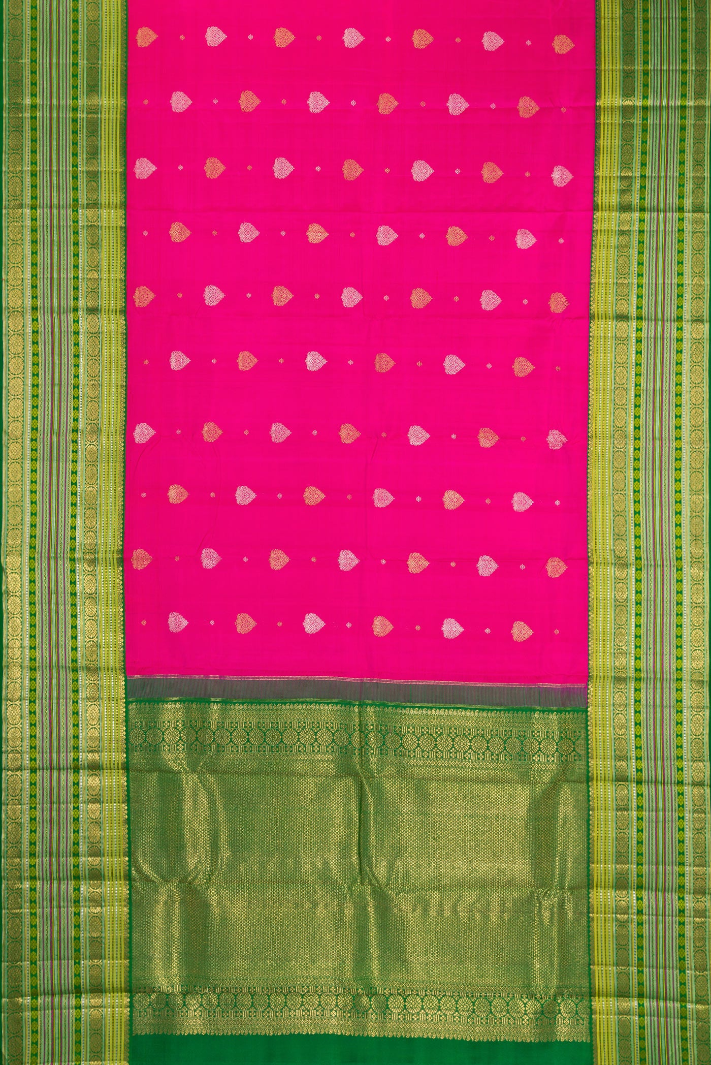 Flat view of Pure Silk Pure Zari Rani Pink Kanchipuram Saree with Zari Butta on the body and Zari Border. 