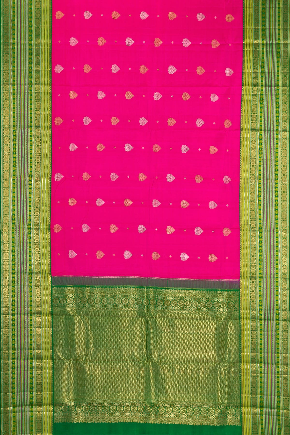Flat view of Pure Silk Pure Zari Rani Pink Kanchipuram Saree with Zari Butta on the body and Zari Border. 